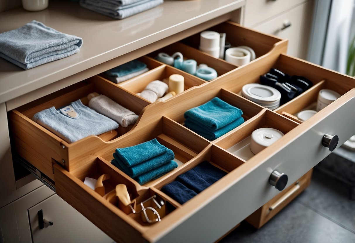 A drawer with dividers holding various bathroom items neatly organized