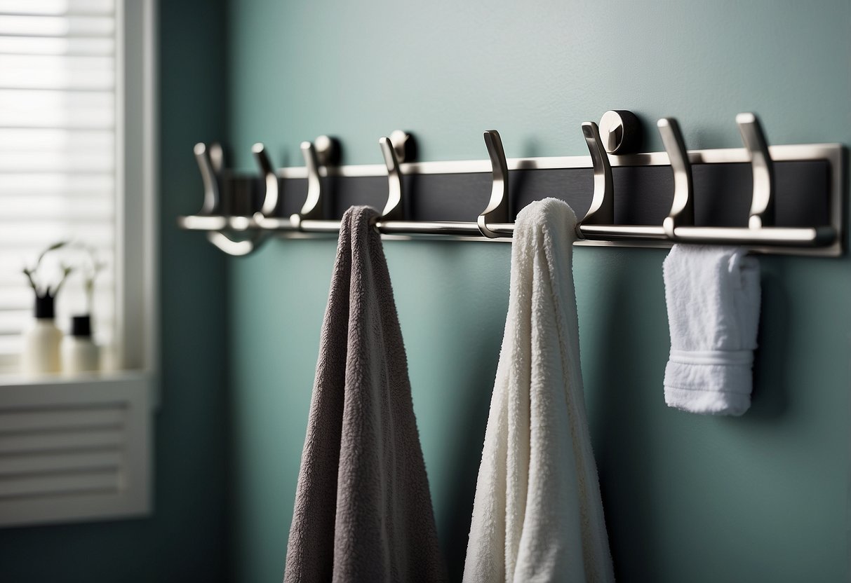 Several over-door hooks with towels, robes, and other bathroom accessories hanging from them in a small, organized bathroom space