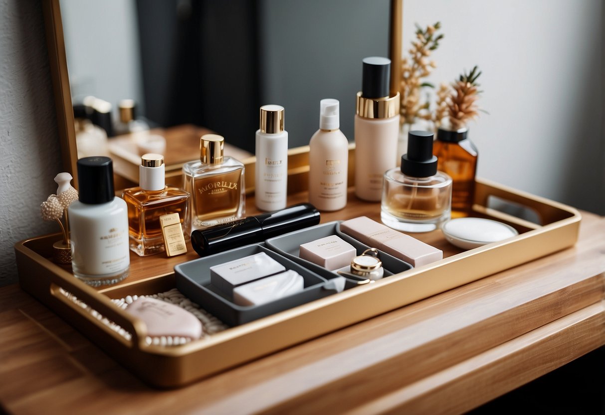 A vanity tray holding various small bathroom items, such as lotions, perfumes, and jewelry, sits neatly organized on a countertop