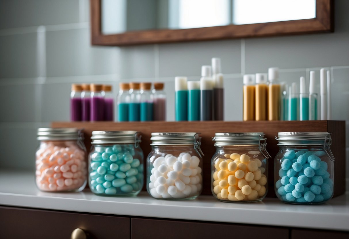 Glass jars filled with cotton swabs arranged neatly on a bathroom shelf. Other storage solutions visible in the background