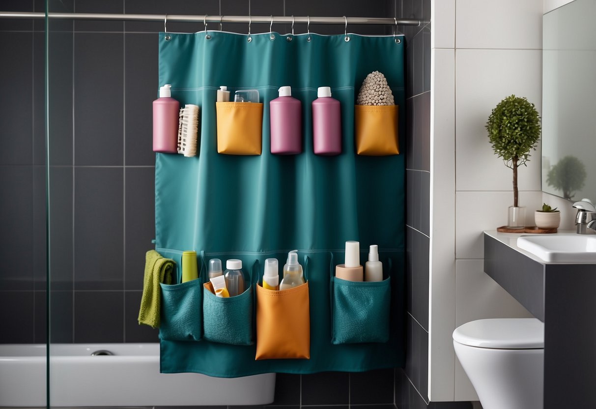 A shower curtain with multiple pockets hangs in a small bathroom, holding various toiletries and bath accessories