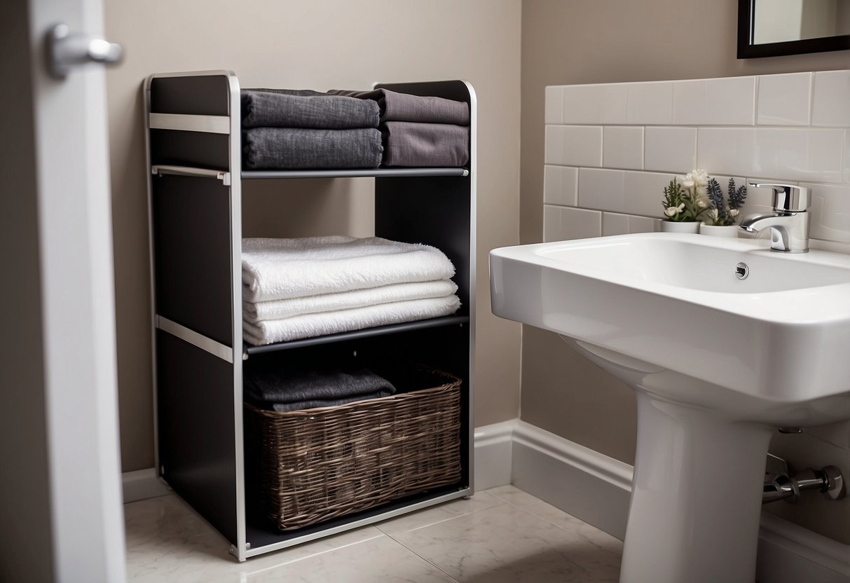 A foldable hamper sits neatly in a small bathroom, surrounded by various storage solutions. The hamper is compact and convenient, fitting seamlessly into the limited space