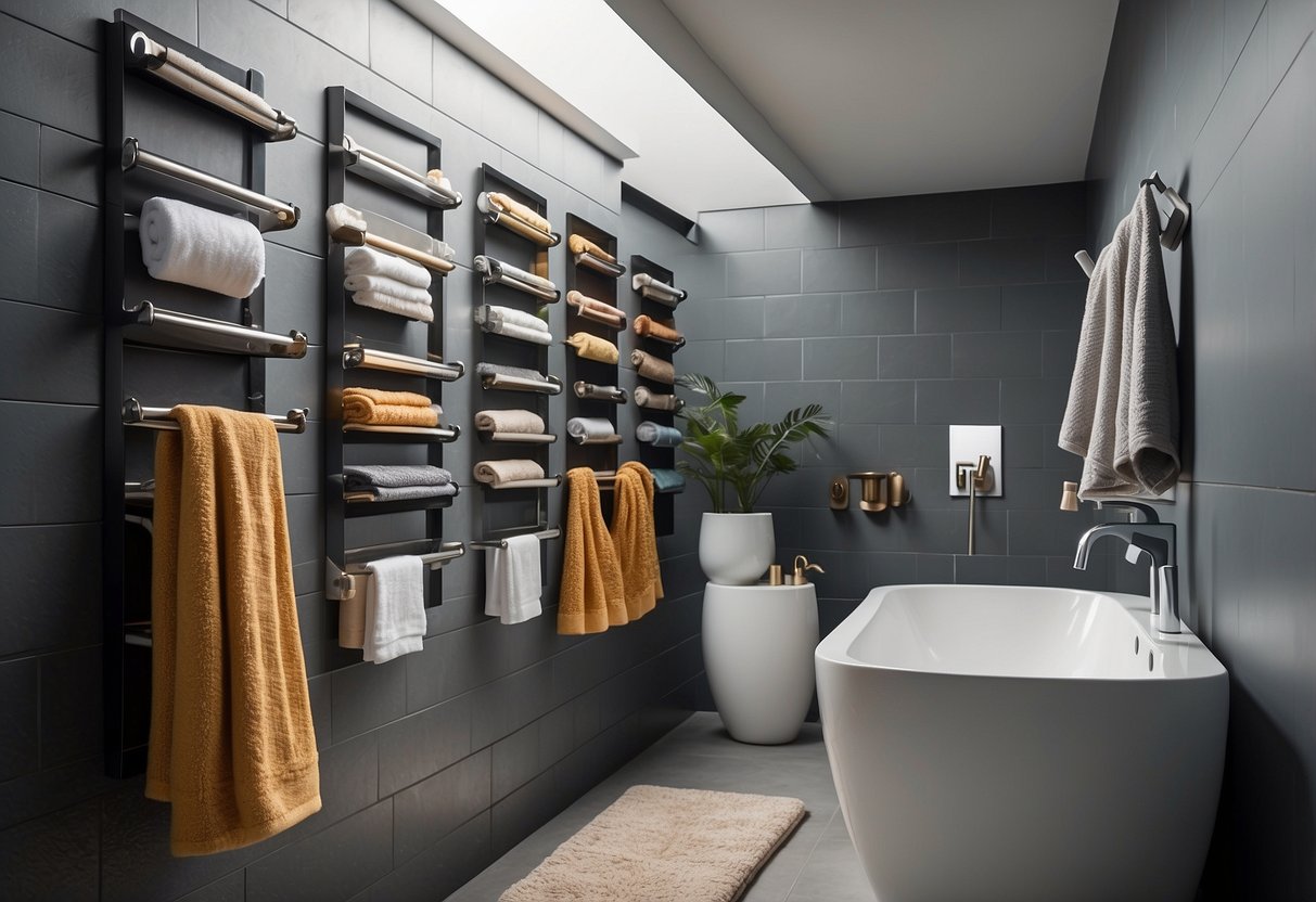 A bathroom wall with 25 adhesive hooks holding various storage items like towels, toothbrushes, and toiletries