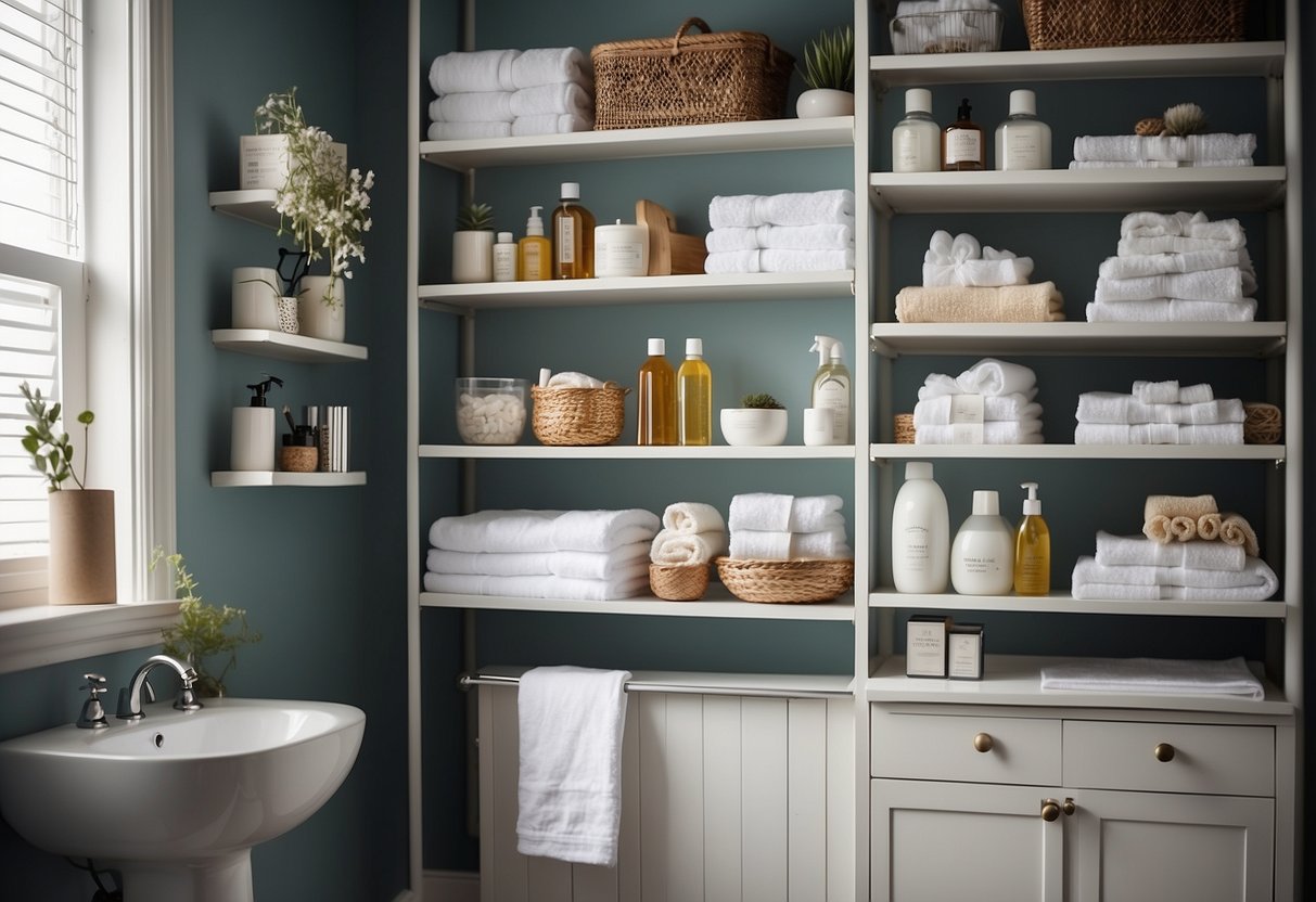 A small bathroom with shelves, baskets, and hanging organizers to maximize vertical space. Towels, toiletries, and cleaning supplies neatly stored