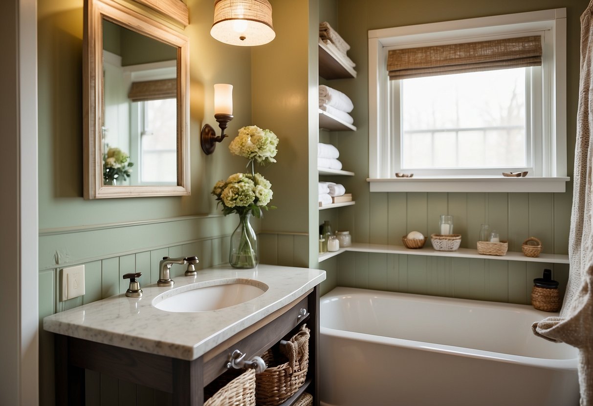 A small bathroom with clever storage solutions: shelves, baskets, and hooks maximize space. Bright colors and natural light create a welcoming atmosphere