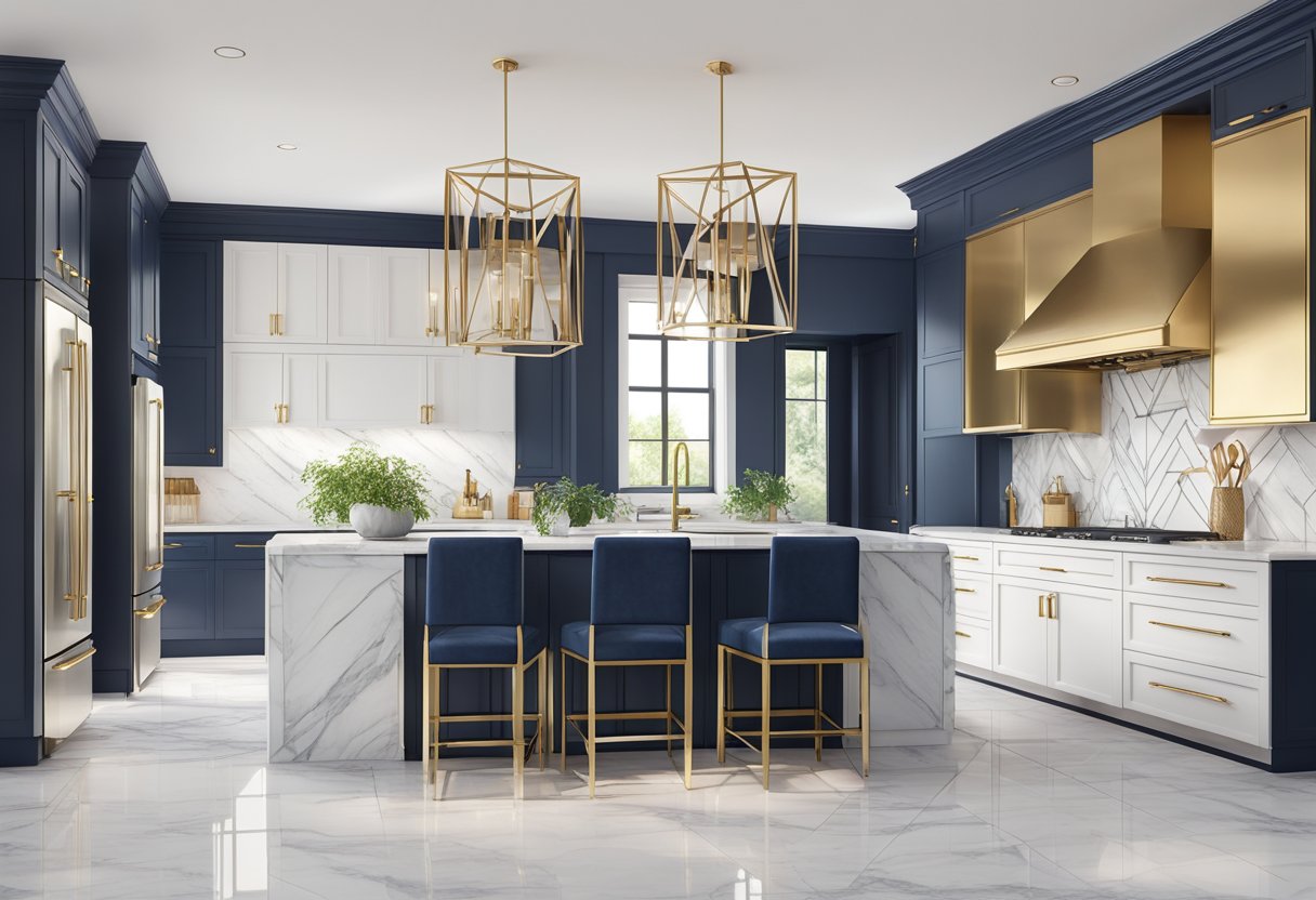 A modern kitchen with white cabinets, navy blue island, and gold accents. Marble countertops and geometric patterned backsplash complete the stylish color scheme