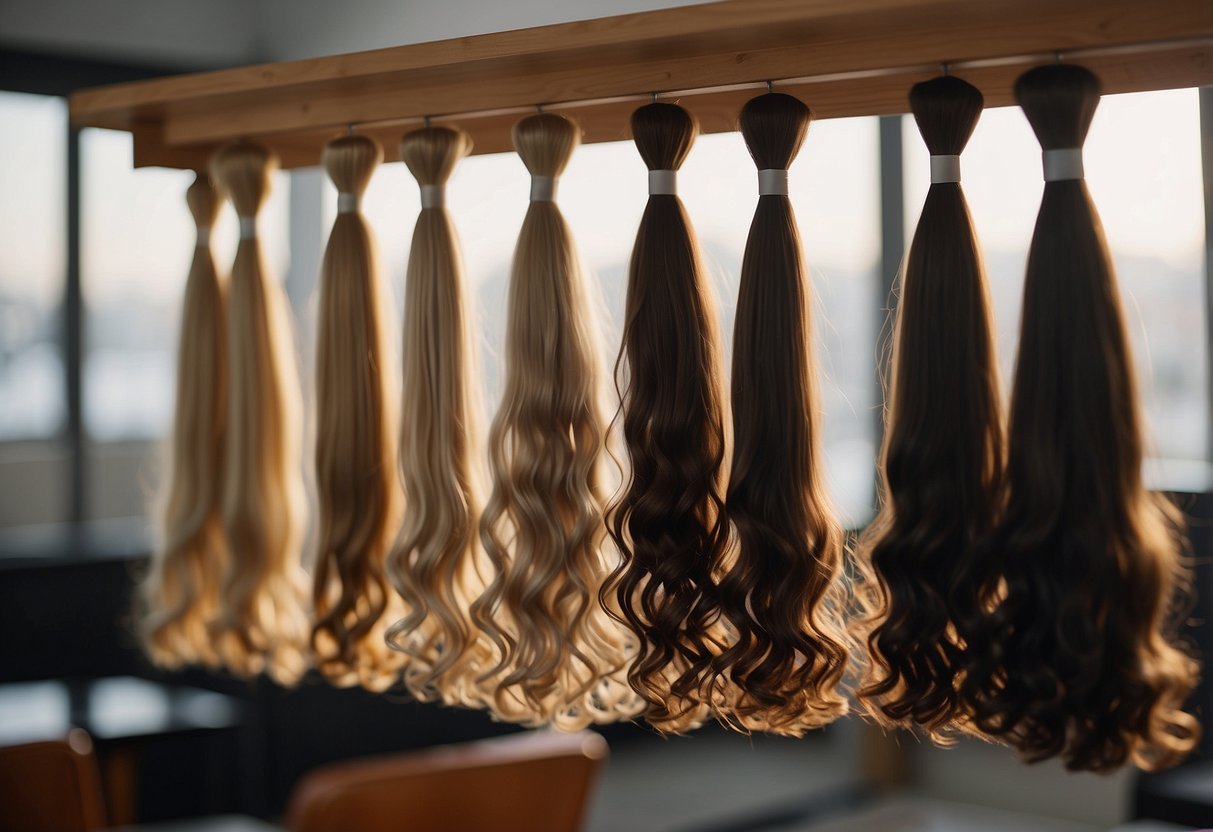 Hair extensions hanging on a clean, organized shelf with a gentle breeze flowing through, keeping them free of knots