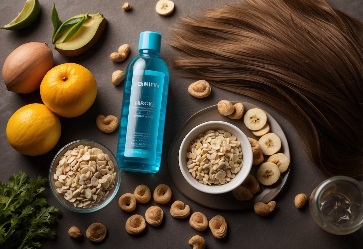 A bottle of water and healthy snacks next to a neatly arranged set of hair extensions, emphasizing the importance of hydration and nutrition for maintaining clean and knot-free hair extensions