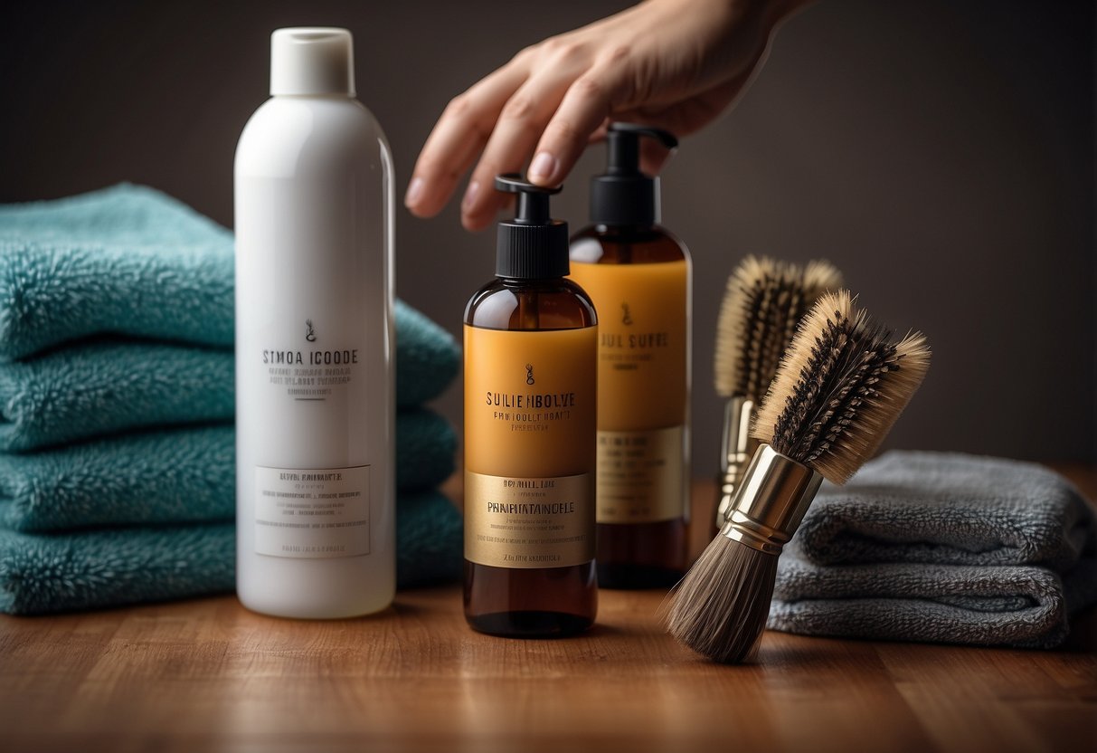 A hand holding a small brush gently detangling micro-loop hair extensions. A bottle of sulfate-free shampoo and a microfiber towel sit nearby