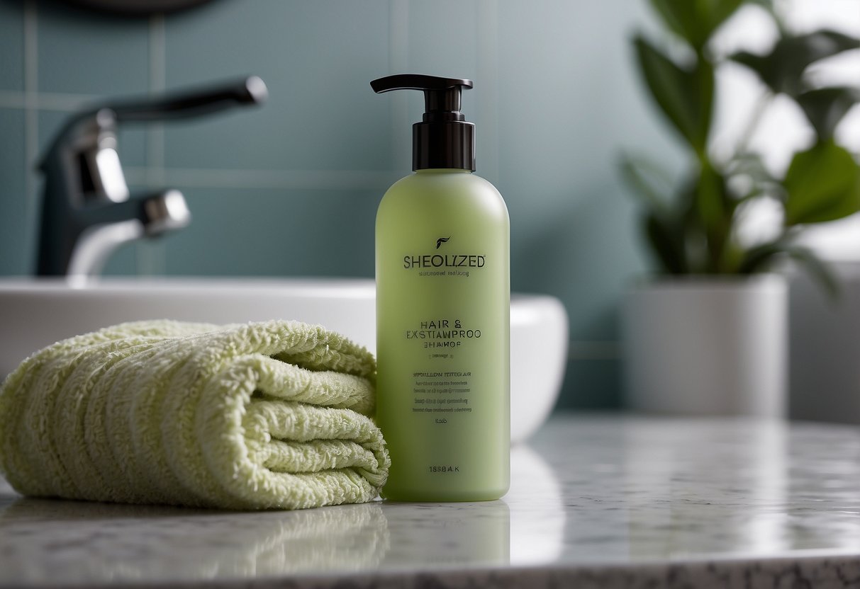 A bottle of specialized hair extension shampoo and conditioner sits on a bathroom counter, surrounded by a soft towel and a wide-tooth comb