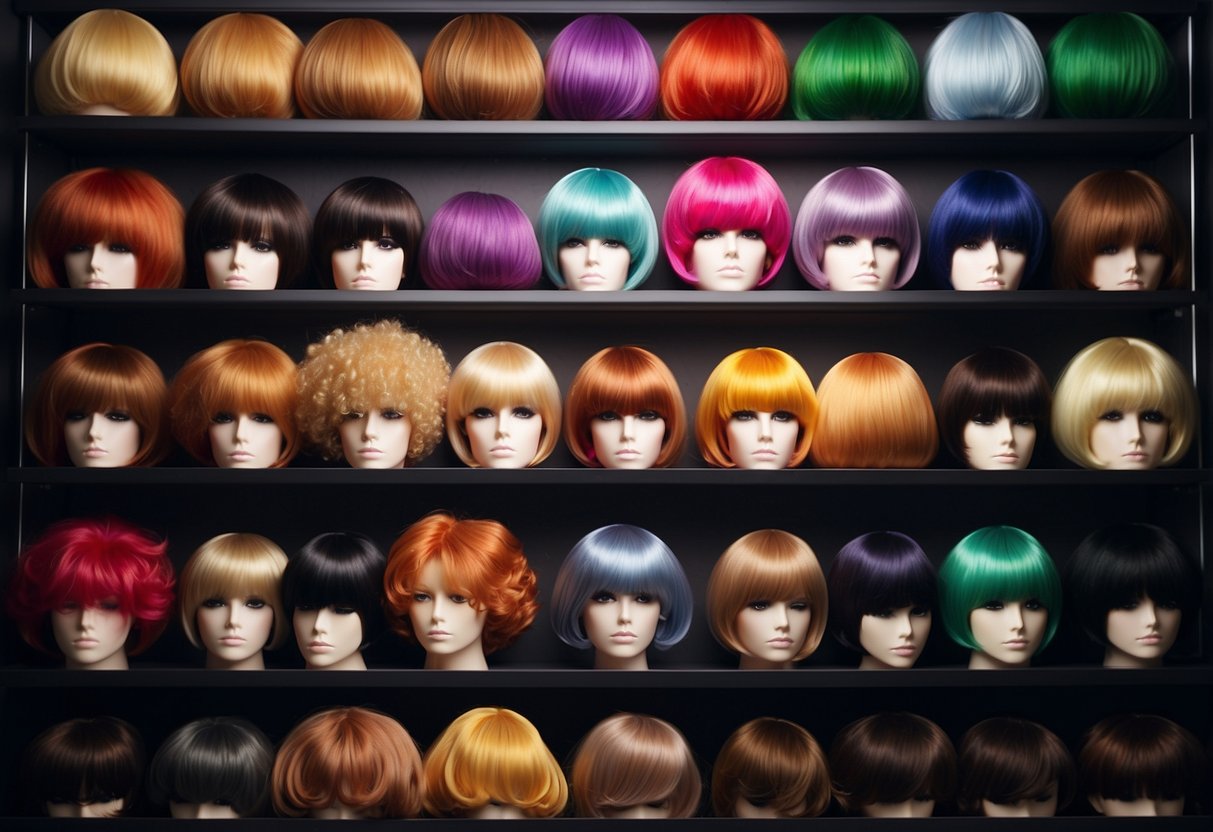 A variety of wig types arranged neatly on a shelf, with a fan blowing to simulate hot and humid weather