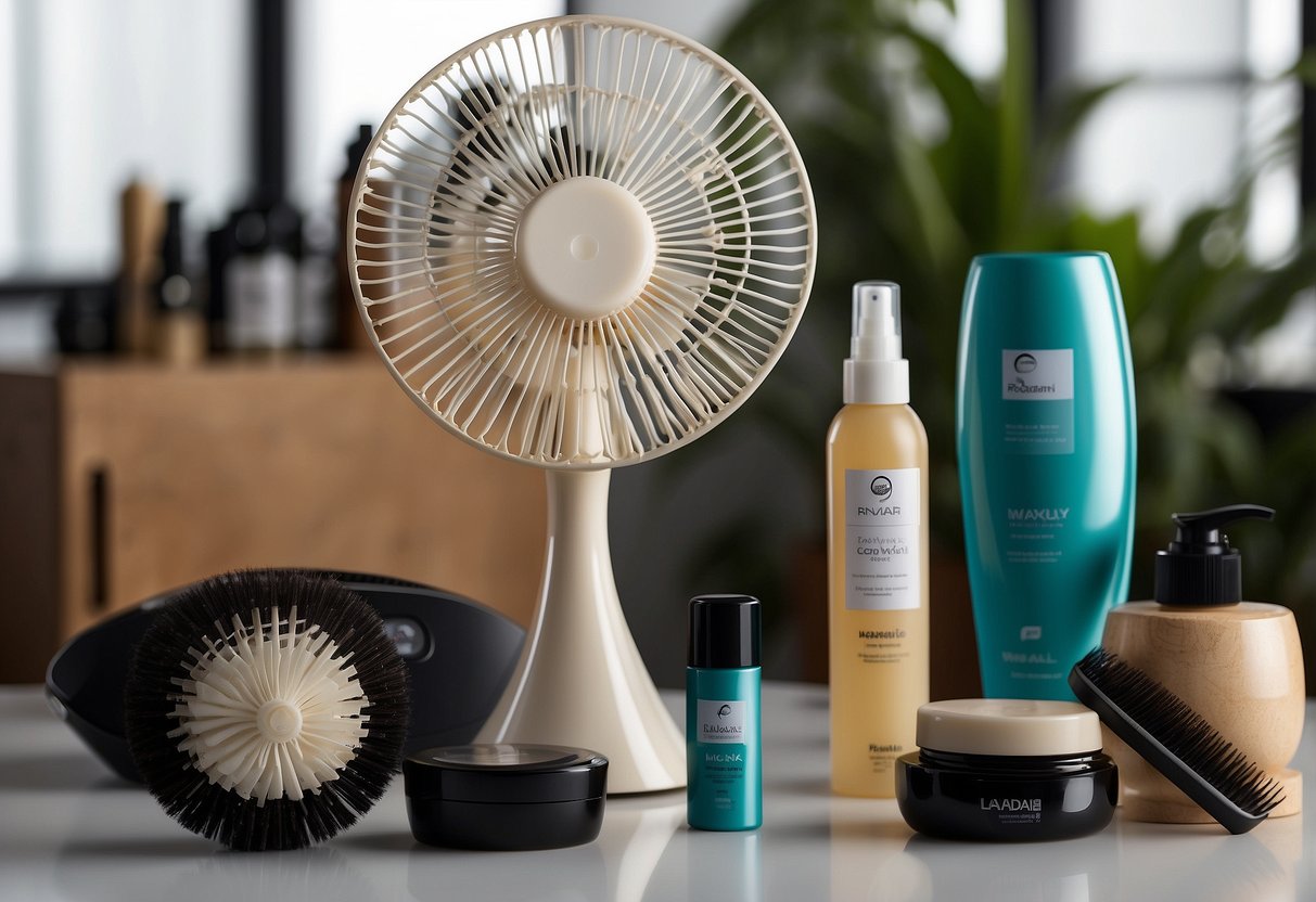 A wig placed on a stand, surrounded by a selection of wig care products such as a wig brush, conditioner, and a dehumidifying spray, with a fan blowing in the background to symbolize hot and humid weather