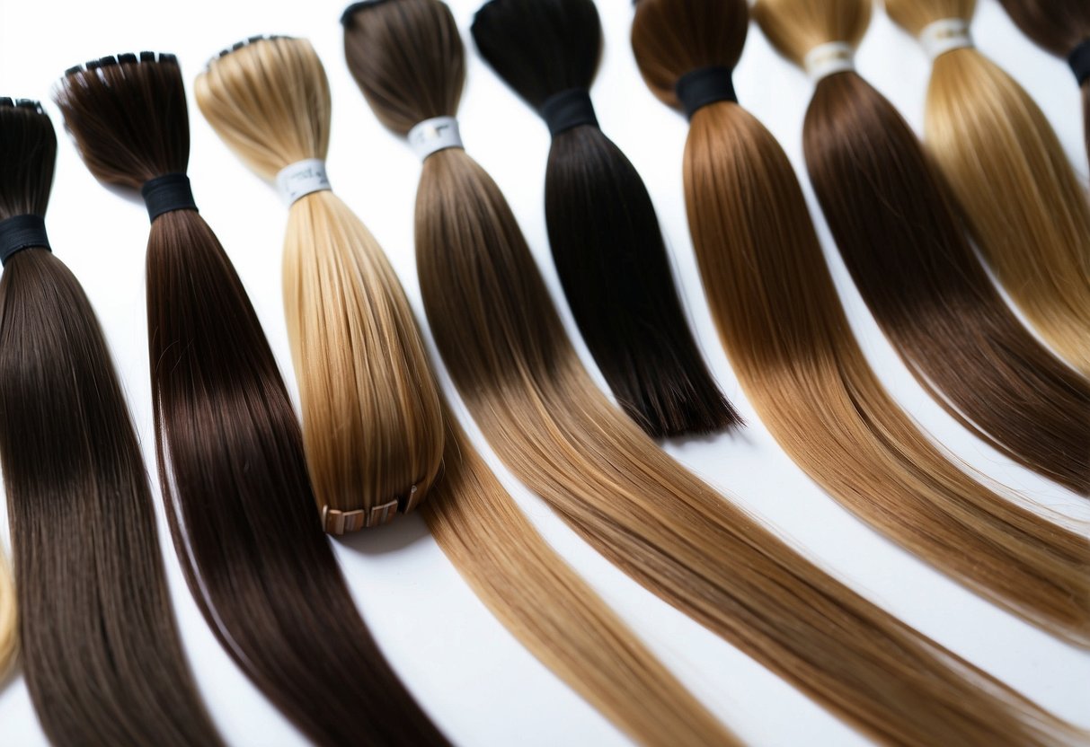 A variety of hair extension methods displayed, including tape-ins, clip-ins, and fusion bonds, with pros and cons listed beside each