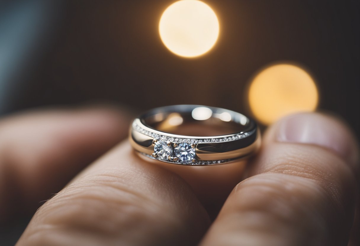 A hand holding a promise ring, placed on the ring finger of a man's hand