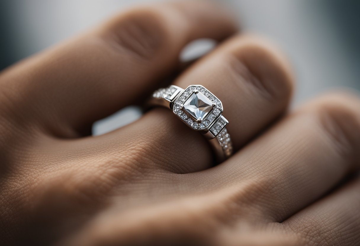 A masculine hand holding a promise ring, positioned on the ring finger