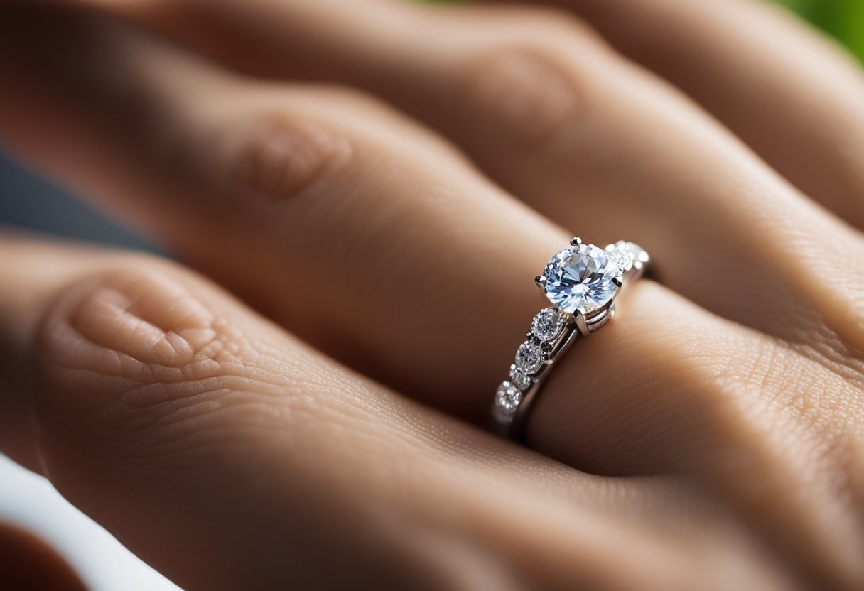 A promise ring rests on a man's ring finger, symbolizing commitment and devotion