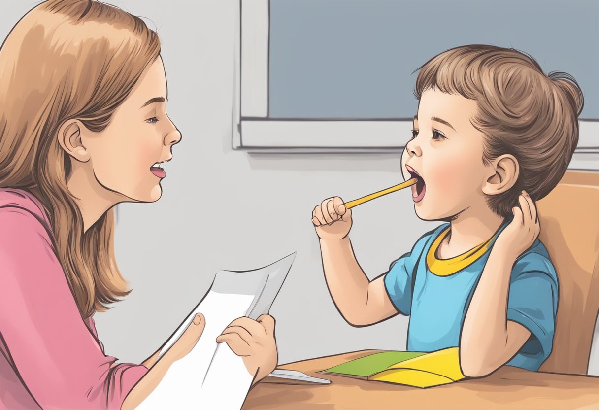 A child's mouth forming sounds while speaking with a lisp. A speech therapist guiding the child through exercises to correct the lisp