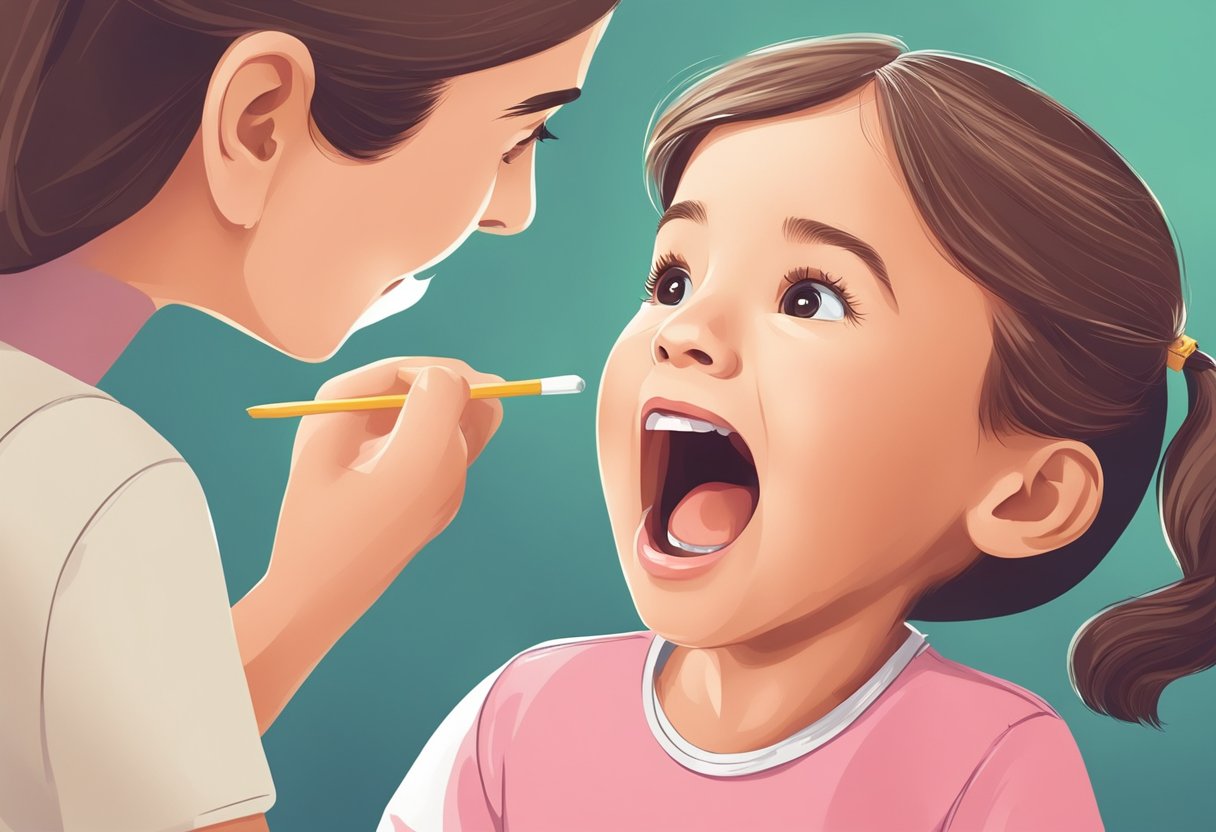 A child's mouth open during a speech therapy session, with a speech therapist guiding them through exercises to correct their lisp