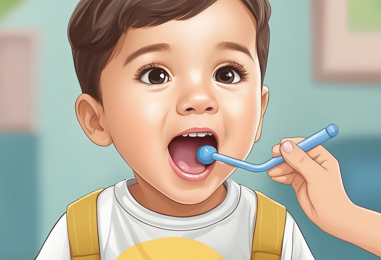 A child's mouth forming correct speech sounds with visual aids and a speech therapist guiding the correct tongue and lip placement