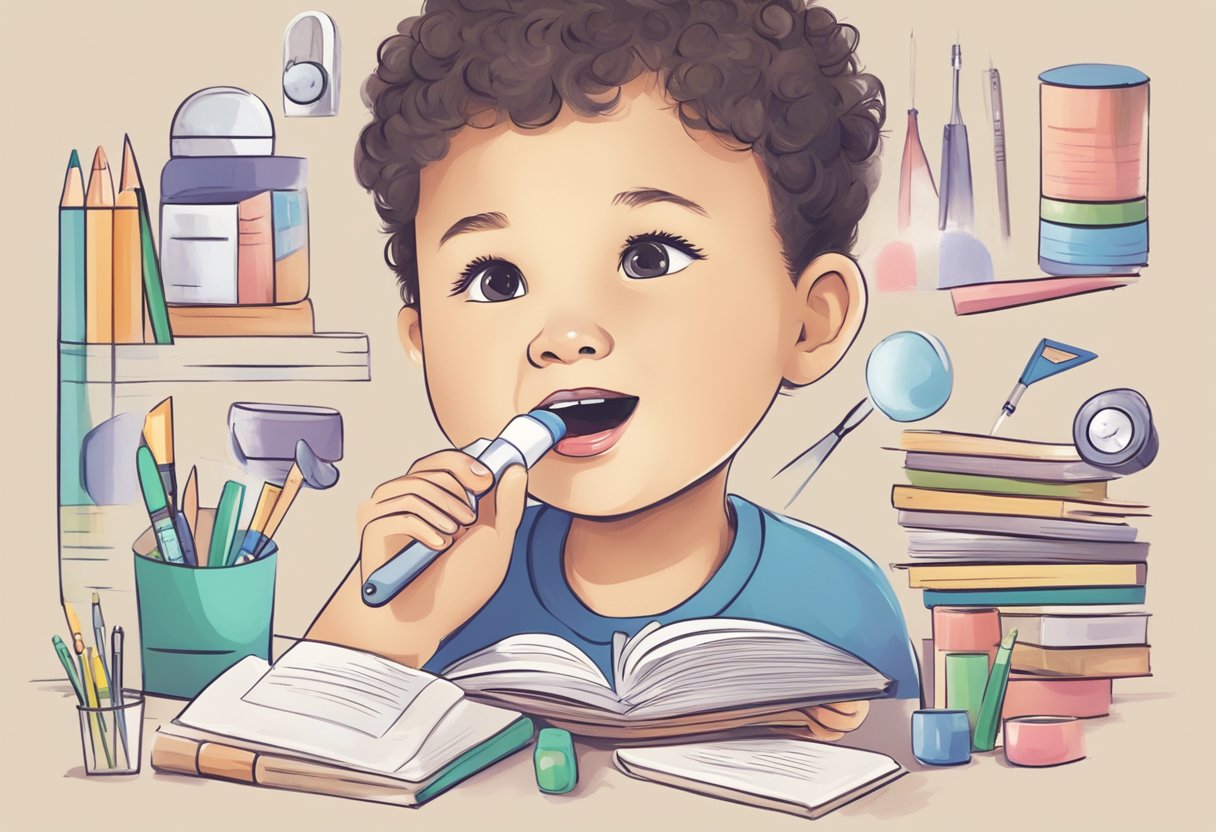 A child's mouth with a lisp, surrounded by speech therapy materials and a supportive adult figure