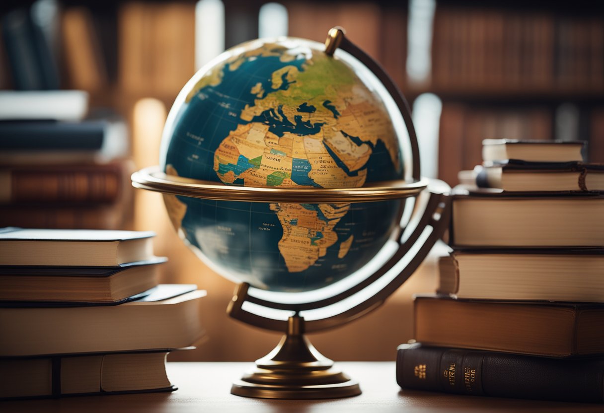 A globe surrounded by open books and a key, symbolizing the unlocking of global opportunities through scholarships