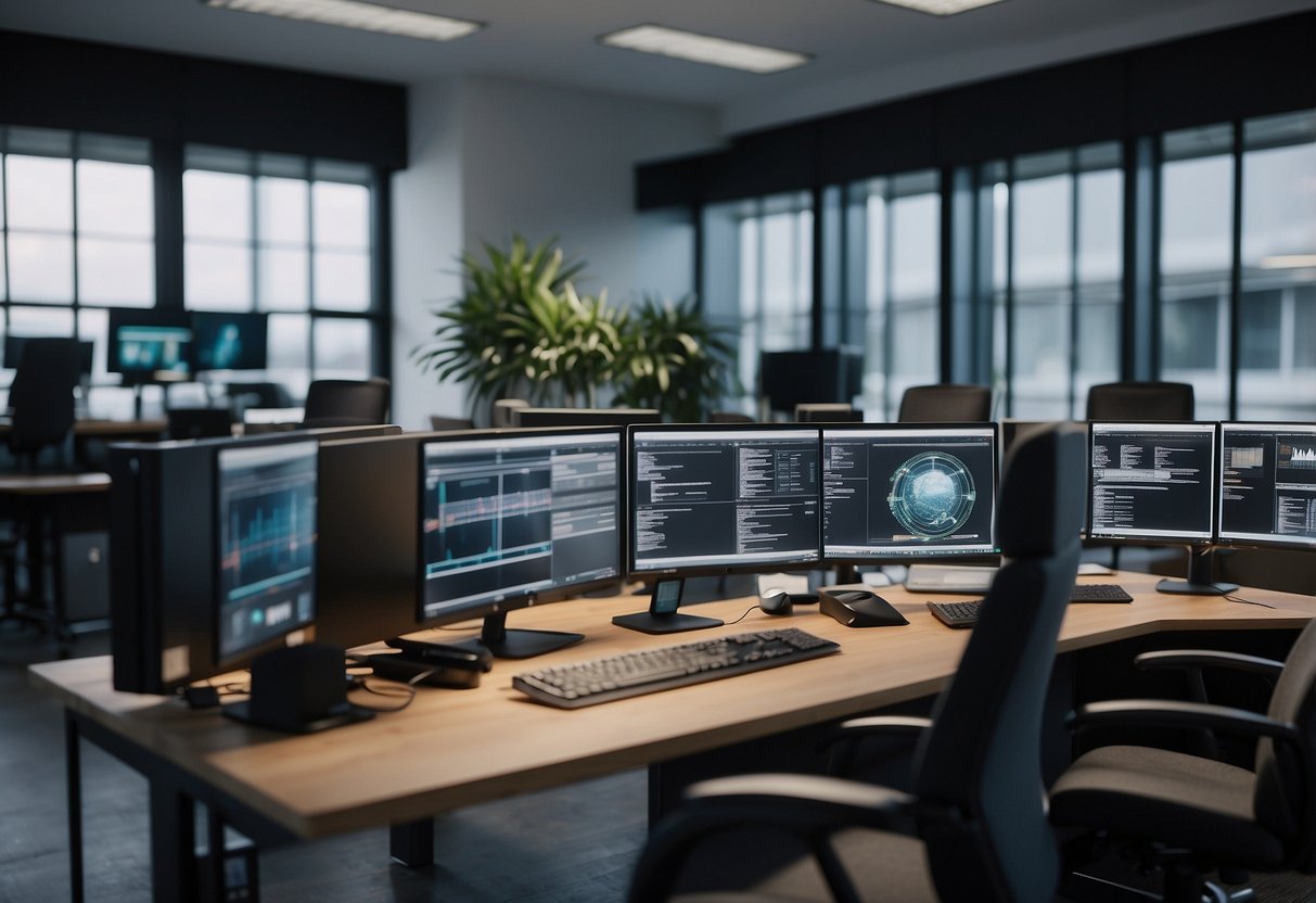 A small office with computers and headsets. AI call center software logo displayed on the screens. Bright and organized workspace