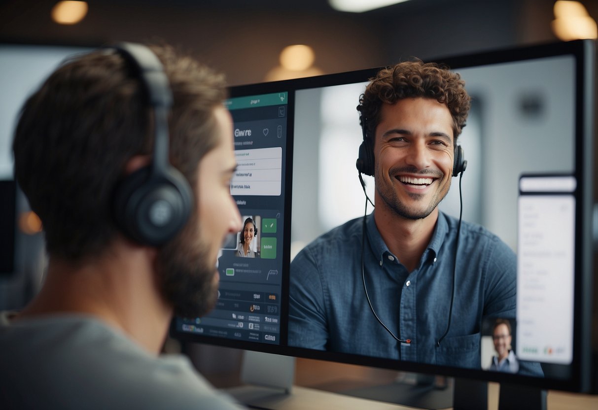 A small business owner smiles while using AI call center software. Positive user reviews and ratings are displayed on the screen