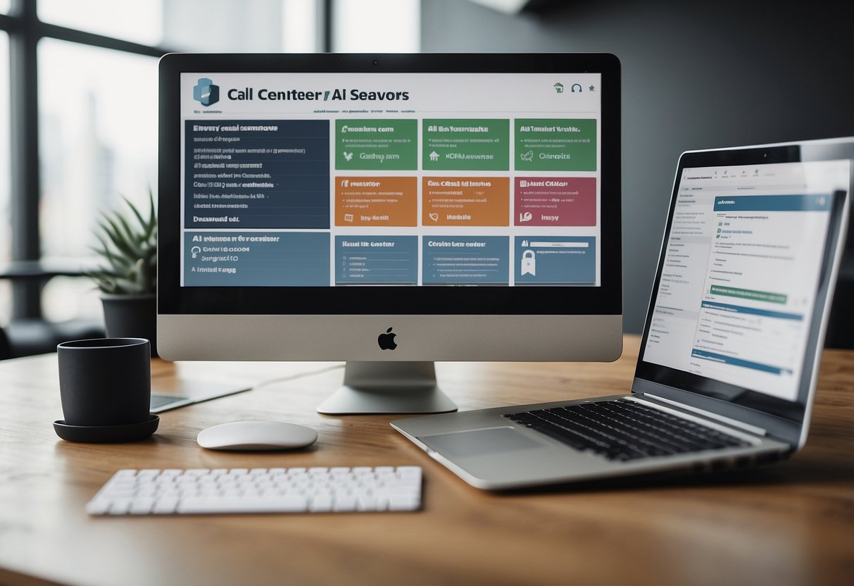 A computer screen displaying various AI call center software options, a small business logo in the corner, and a checklist of features