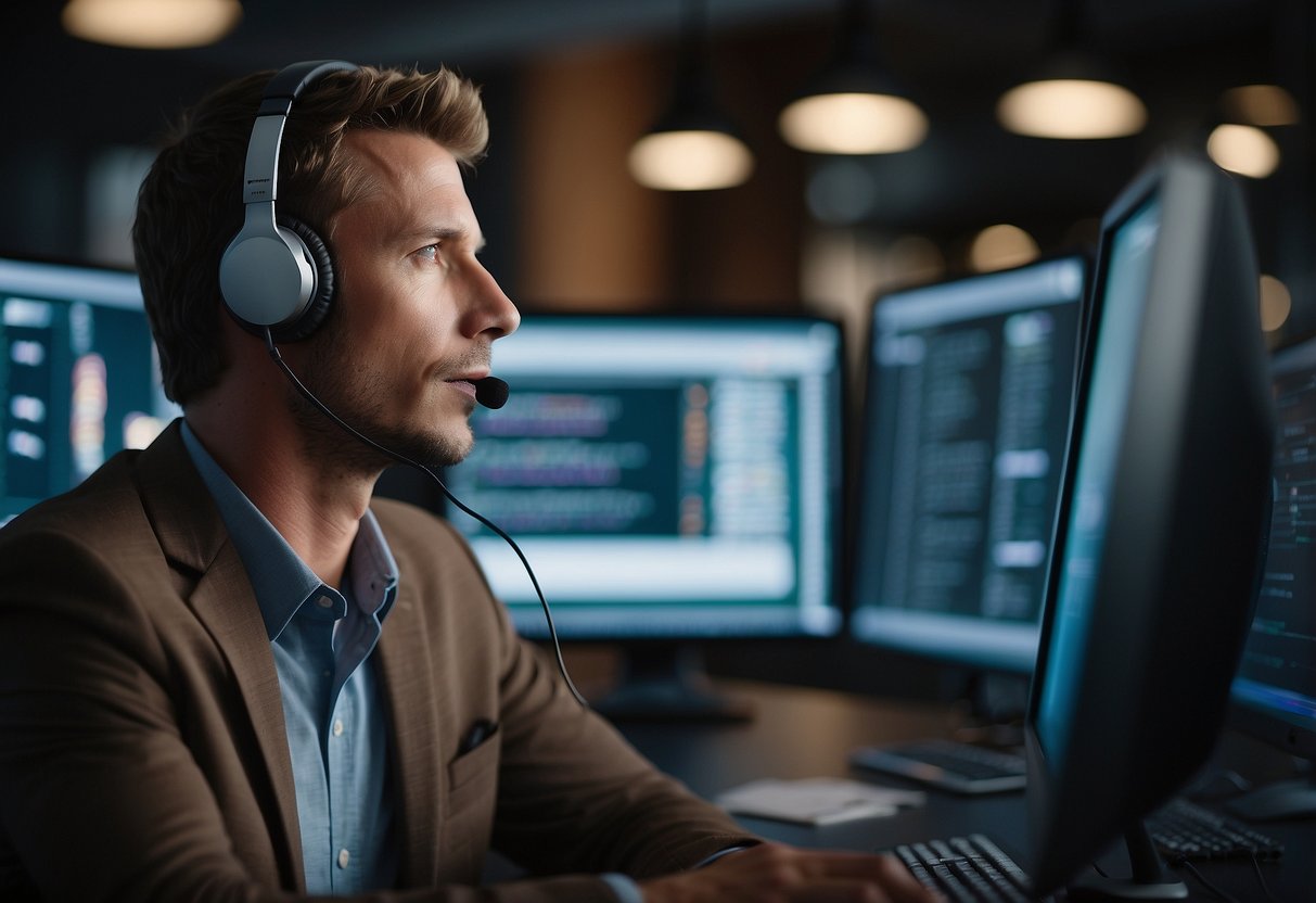 A small business owner speaks into a headset while a computer screen displays the best AI voice call center software FAQs