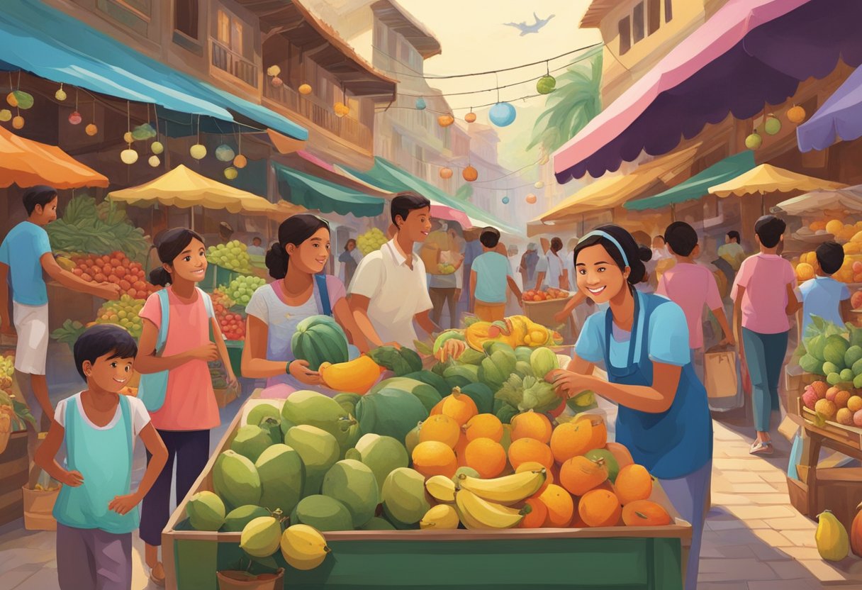 A family with young children explores a colorful and bustling marketplace, surrounded by exotic fruits, local crafts, and friendly vendors. The children are wide-eyed with excitement as they take in the vibrant sights and sounds