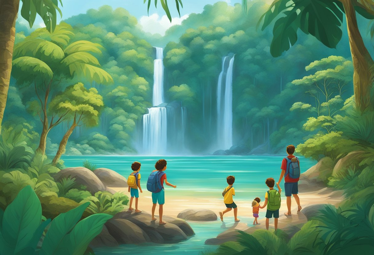 A family explores a lush Brazilian rainforest, with vibrant wildlife and cascading waterfalls. The children play in the clear, turquoise waters while the parents admire the natural beauty around them. Viajar com Crianças