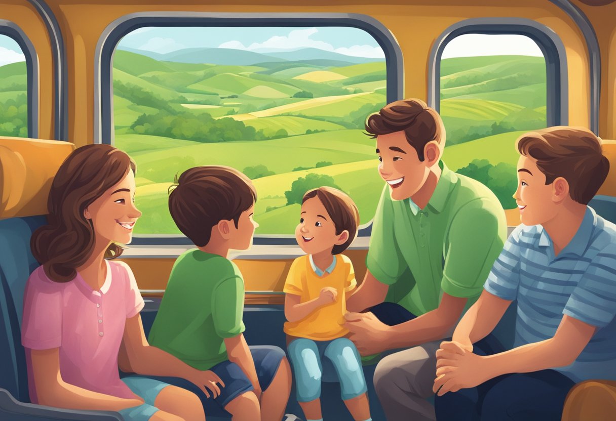 A family of four enjoys a scenic train ride through the countryside, with lush green fields and rolling hills in the background. The children are happily looking out the window, excited for the adventures ahead