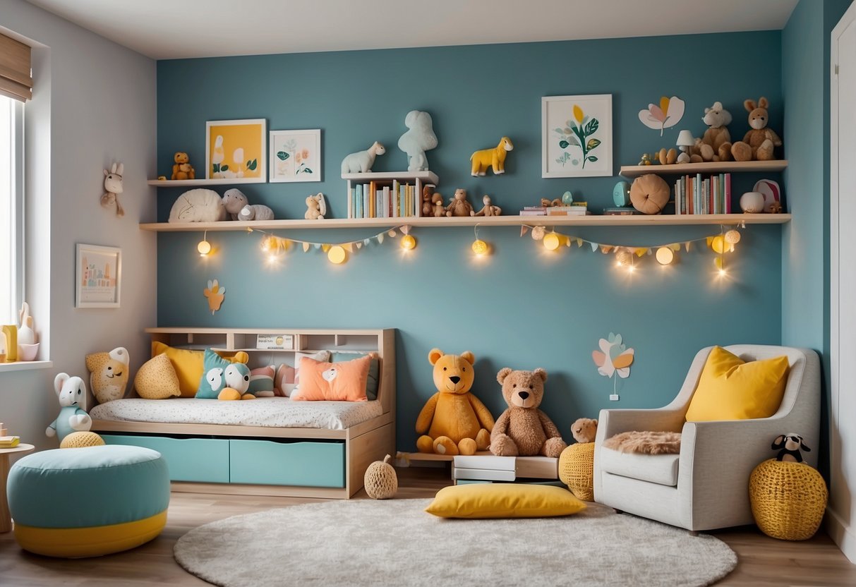 Colorful and organized children's room with playful wall decals, toy storage, and a cozy reading nook