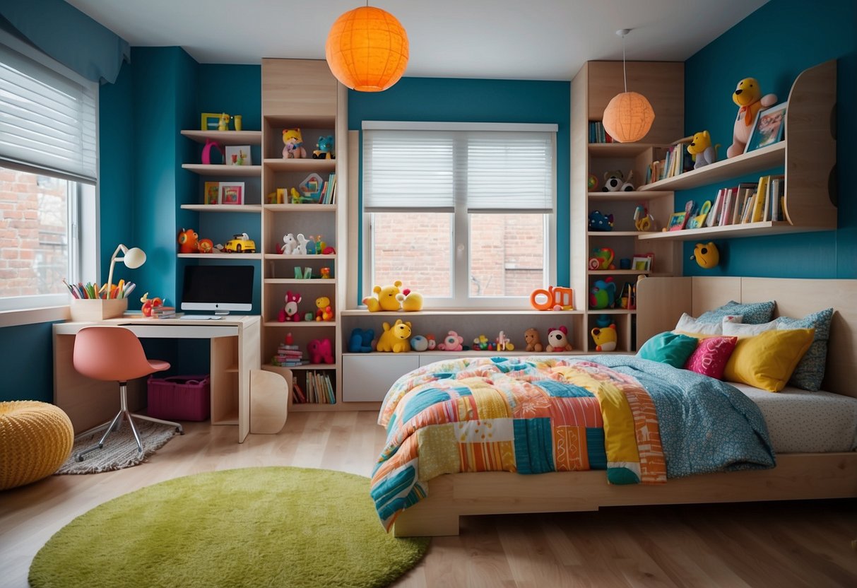 A colorful and playful children's bedroom with functional furniture and creative decor. Toys, books, and vibrant colors bring the space to life