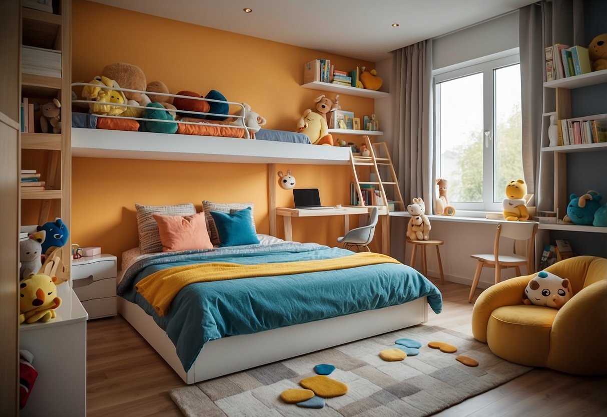 A colorful and playful children's bedroom with themed decorations and functional furniture