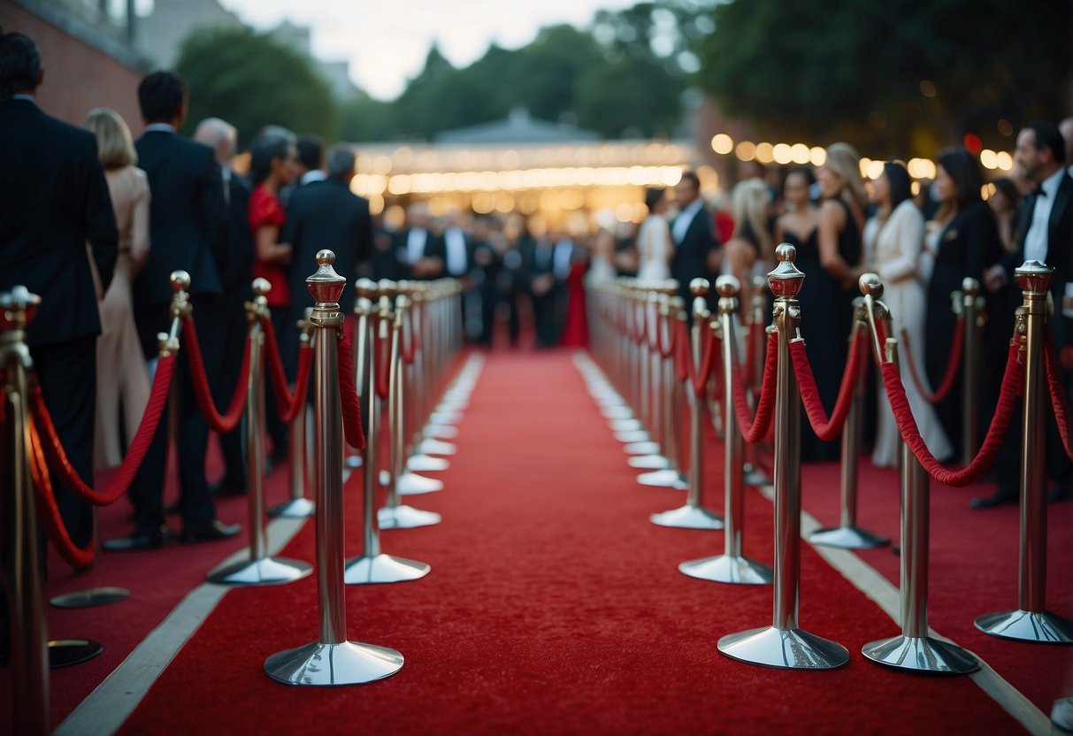 A red carpet event with paparazzi, flashing cameras, and glamorous outfits inspired by Hollywood celebrities. Moda