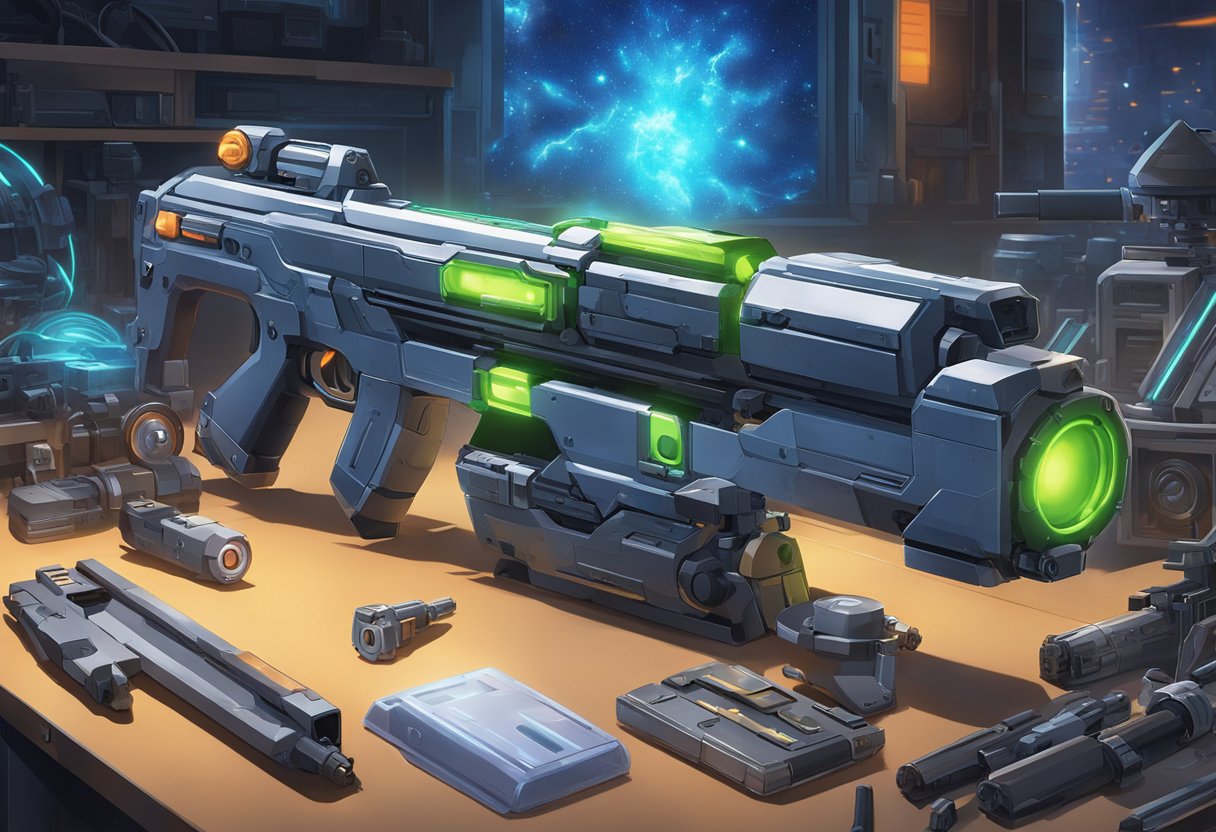 A powerful blaster sits atop a sturdy workbench, surrounded by various tools and gadgets. The blaster's sleek design and glowing energy core exude a sense of advanced technology and formidable power