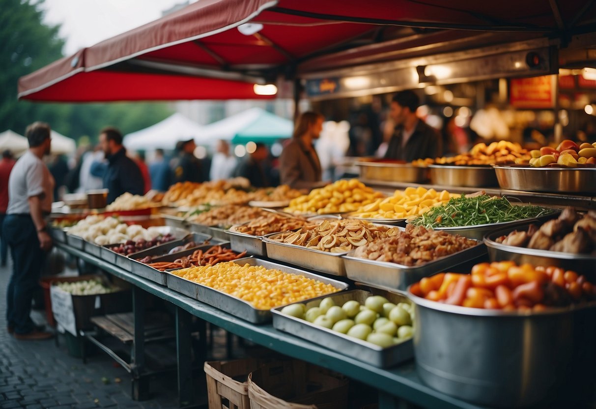 A bustling street market in Berlin, with colorful food stalls offering a variety of traditional German dishes and international cuisine