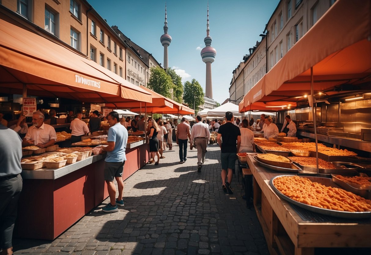 A bustling outdoor market with vendors selling currywurst, schnitzel, and doner kebabs. Colorful food stalls line the cobblestone streets, with the iconic TV tower looming in the background