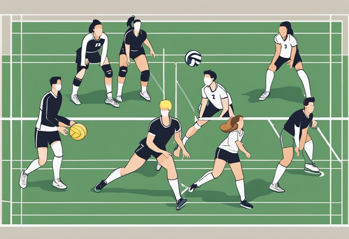 Six players on the court in a 5-1 volleyball rotation, with one player in the back row serving and the other five players positioned in a standard formation