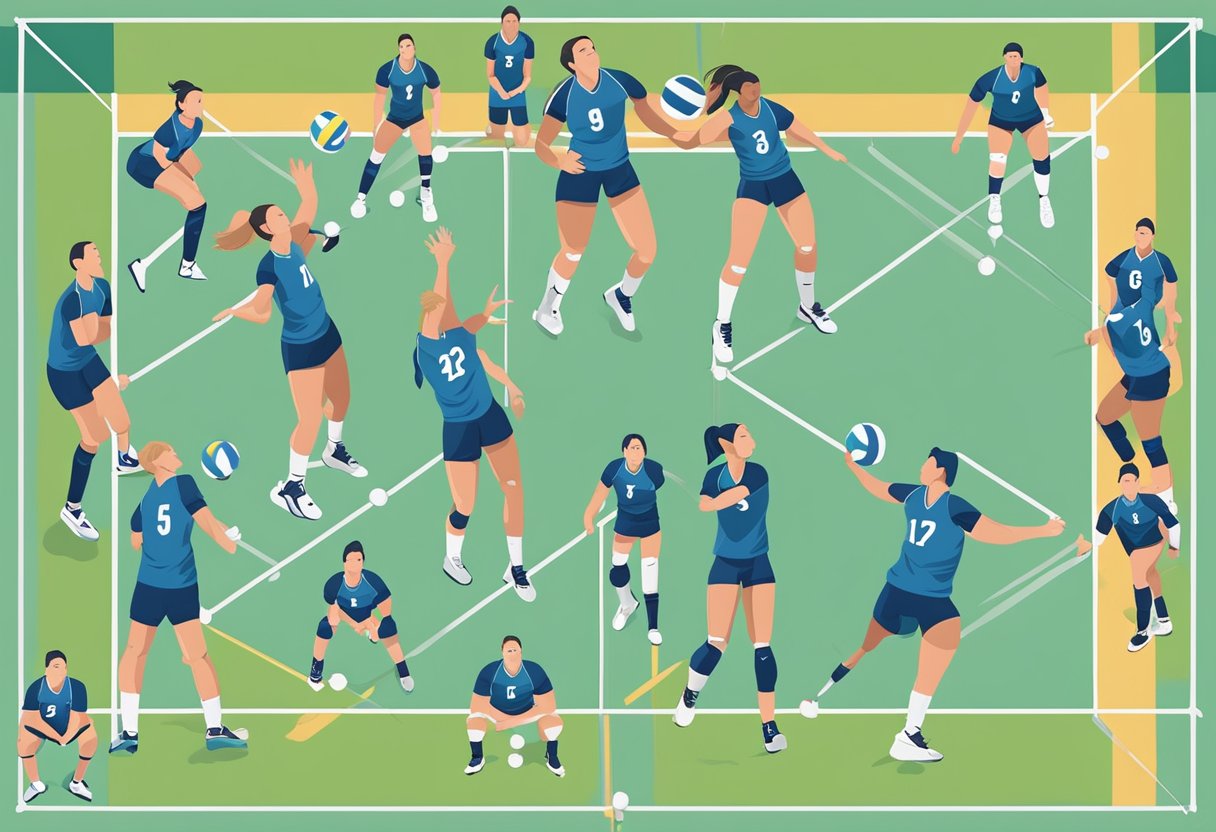 Players in a 5-1 volleyball rotation move strategically, with one setter and five hitters ready to attack. The setter positions in the back row, while hitters line up in the front, prepared to spike the ball