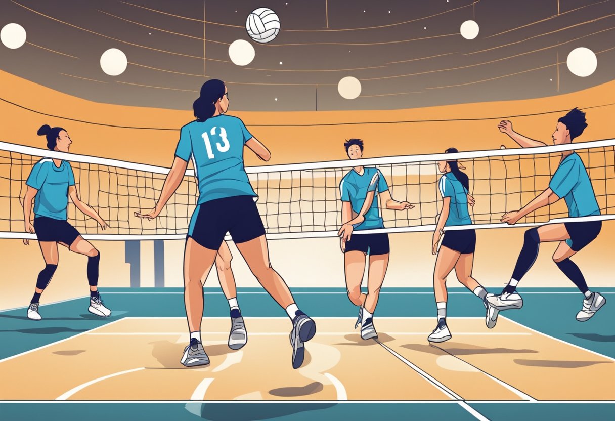 Players on a volleyball court incorrectly rotate, causing confusion. A coach steps in to correct their positions