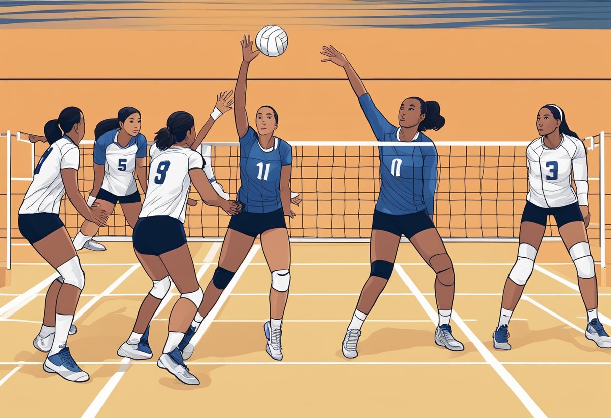 Players move into position for 5-1 volleyball rotation, with setter in the back right, hitters in front row, and defensive players ready to receive