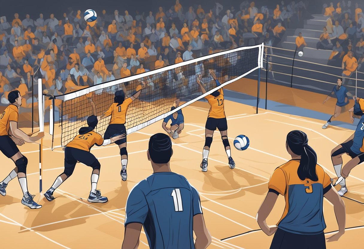 Players in a 5-1 volleyball rotation, strategically positioned on the court. Setter ready to serve, while teammates anticipate the opponent's move