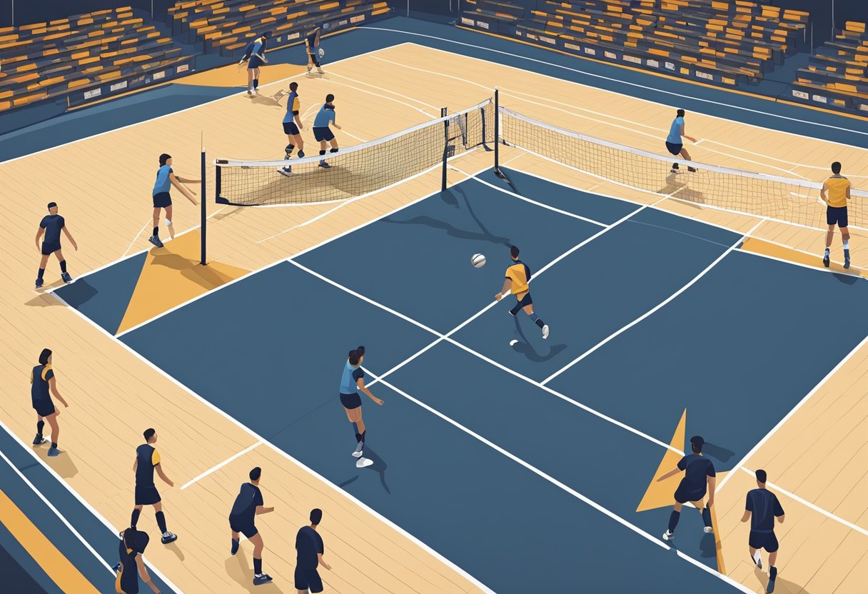 A volleyball court with players in a 5-1 rotation, one setter and five hitters positioned strategically around the court, ready for action