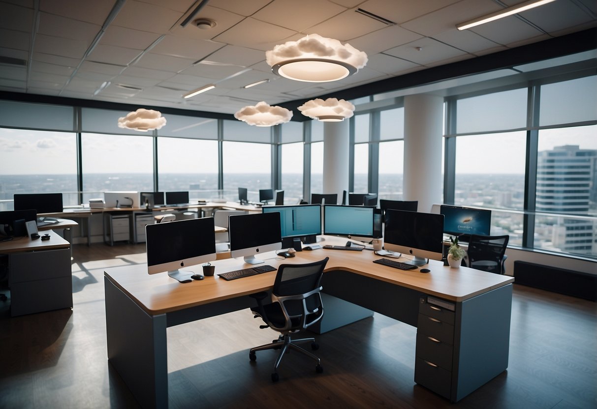 A modern office with sleek desks and computers, connected by a network of floating clouds representing a cloud-based phone system for startups