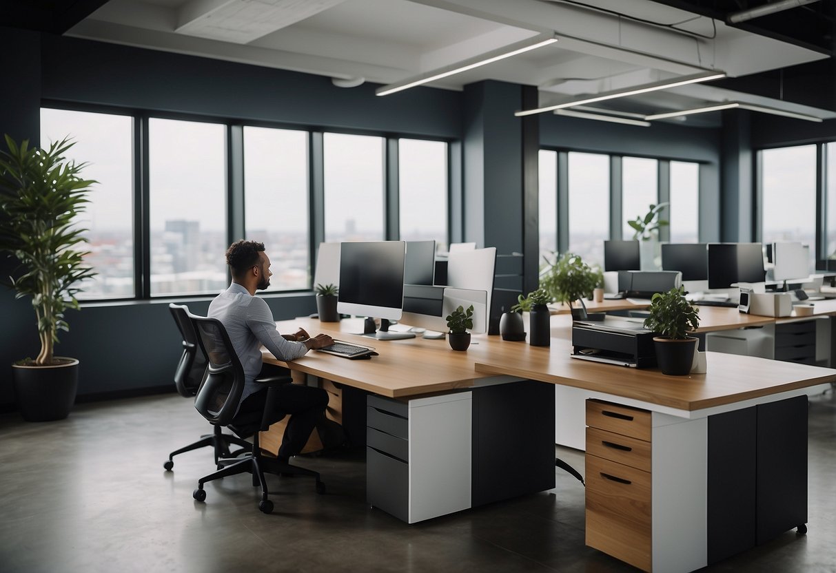 A modern office space with sleek, minimalist furniture and a team of young professionals working seamlessly with Callin.io's cloud-based phone systems for startups