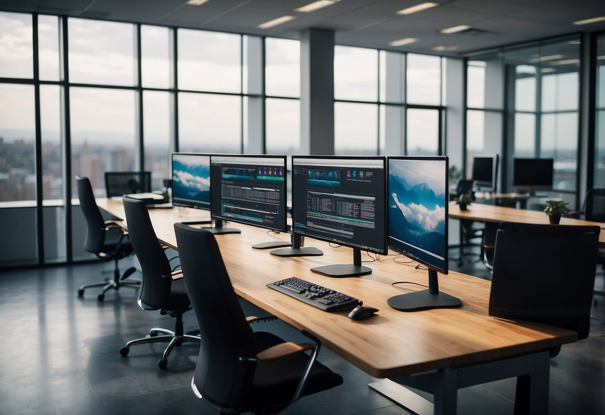 A modern office space with sleek desks and computers, showcasing a cloud-based phone system interface on a large screen. Bright, natural light streams in through the windows, creating a productive and efficient atmosphere