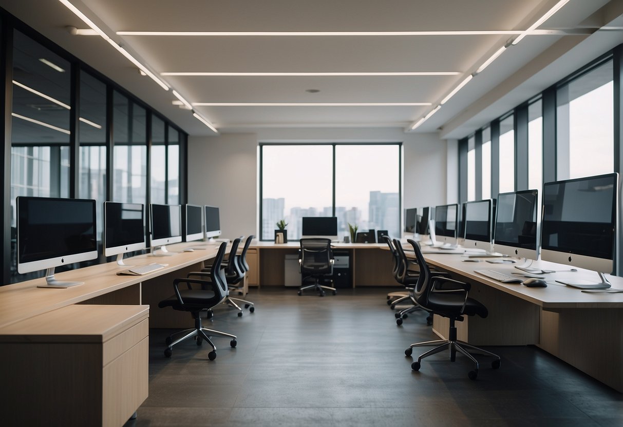 A modern office space with sleek, minimalist desks and computers. A cloud hovers above, representing the scalability and integration of Callin.io. The scene exudes simplicity and efficiency, capturing the ease of use and cost-effectiveness of the system