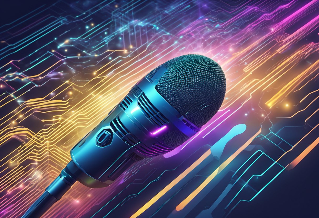 A microphone surrounded by futuristic technology, with sound waves emanating from it, symbolizing the future of podcasting